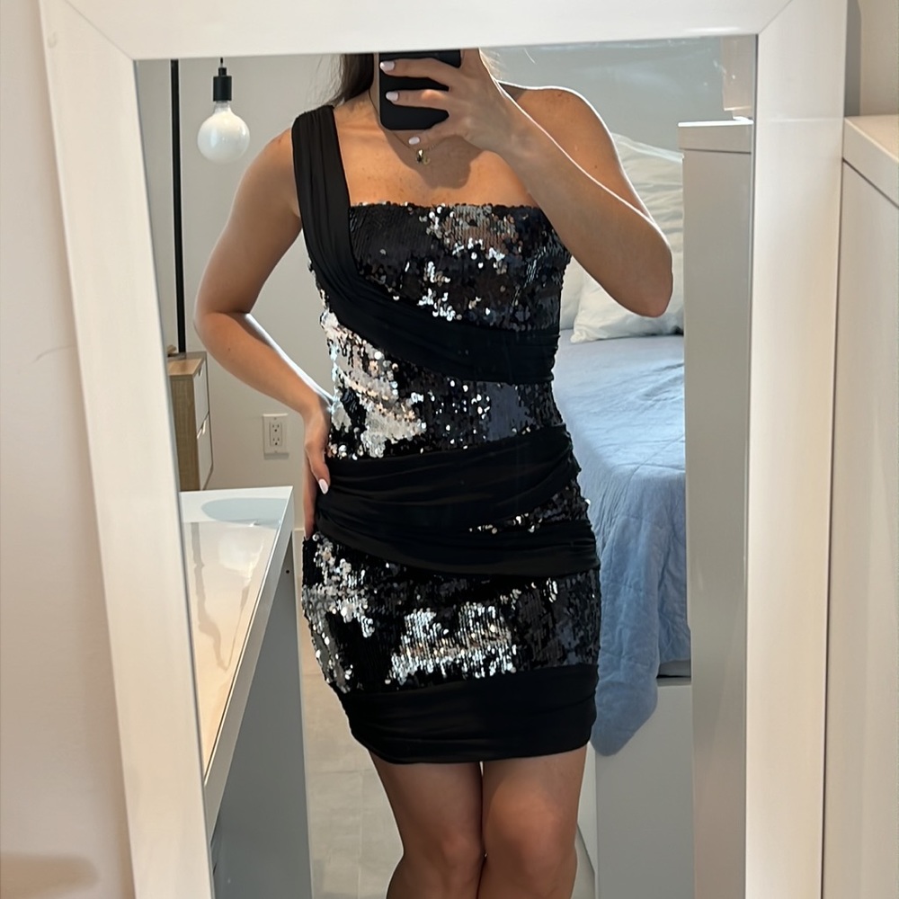 One shoulder small black and silver sequin dress with rushed gathered details